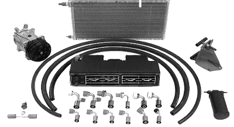 This package includes a new Sanden Compressor, compressor bracket, hose kit with black drier, condenser and safety switch. This kit covers the 1964 1/2 to 1966 Mustang.