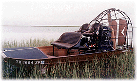 Capt. Lynn Smith's Airgator saltwater fishing airboat, with Chevrolet V8, used for catching redfish in the Texas mid coast area.
